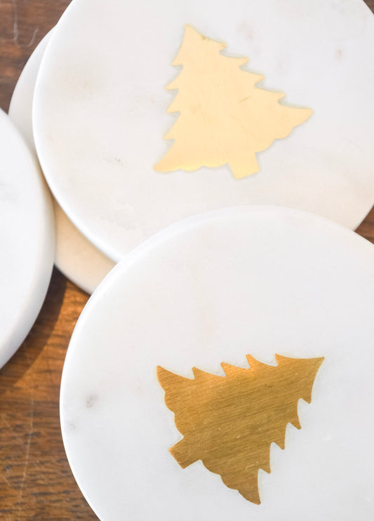 Set of 4 Holiday Brass Tree Marble Coasters