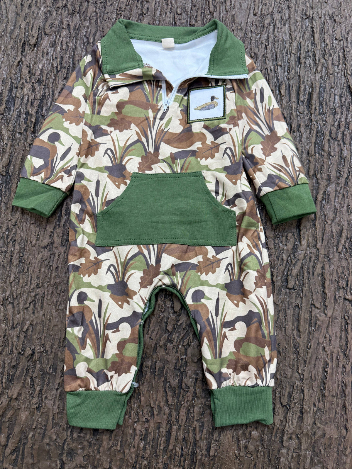 Mallard duck embroidered path on the side with camouflage print baby romper. LR0425-13-AMY