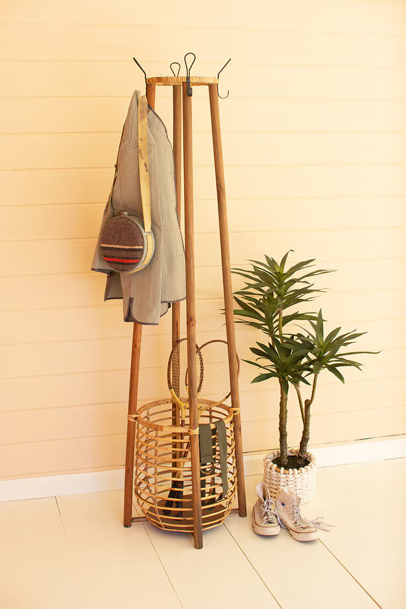 Boho Coat Rack w/ Rattan Umbrella Basket