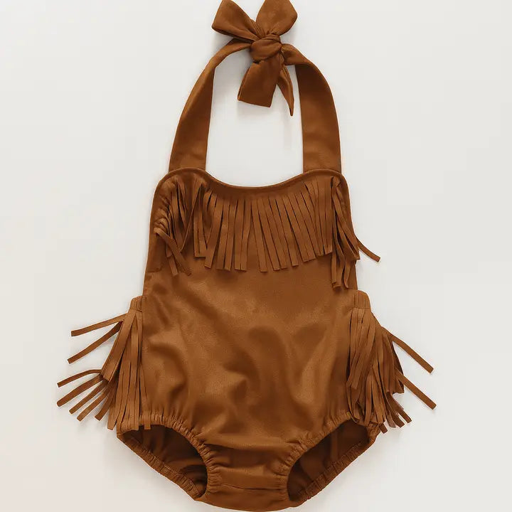 Brown Halter Fringe Suede Sunsuit Romper