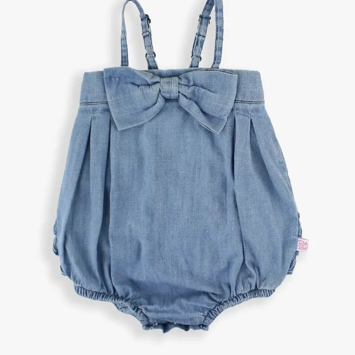 Light Wash Denim Bow Front Bubble Romper