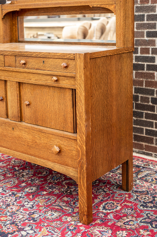 Mission Style Beveled Mirrored Back Oak Sideboard