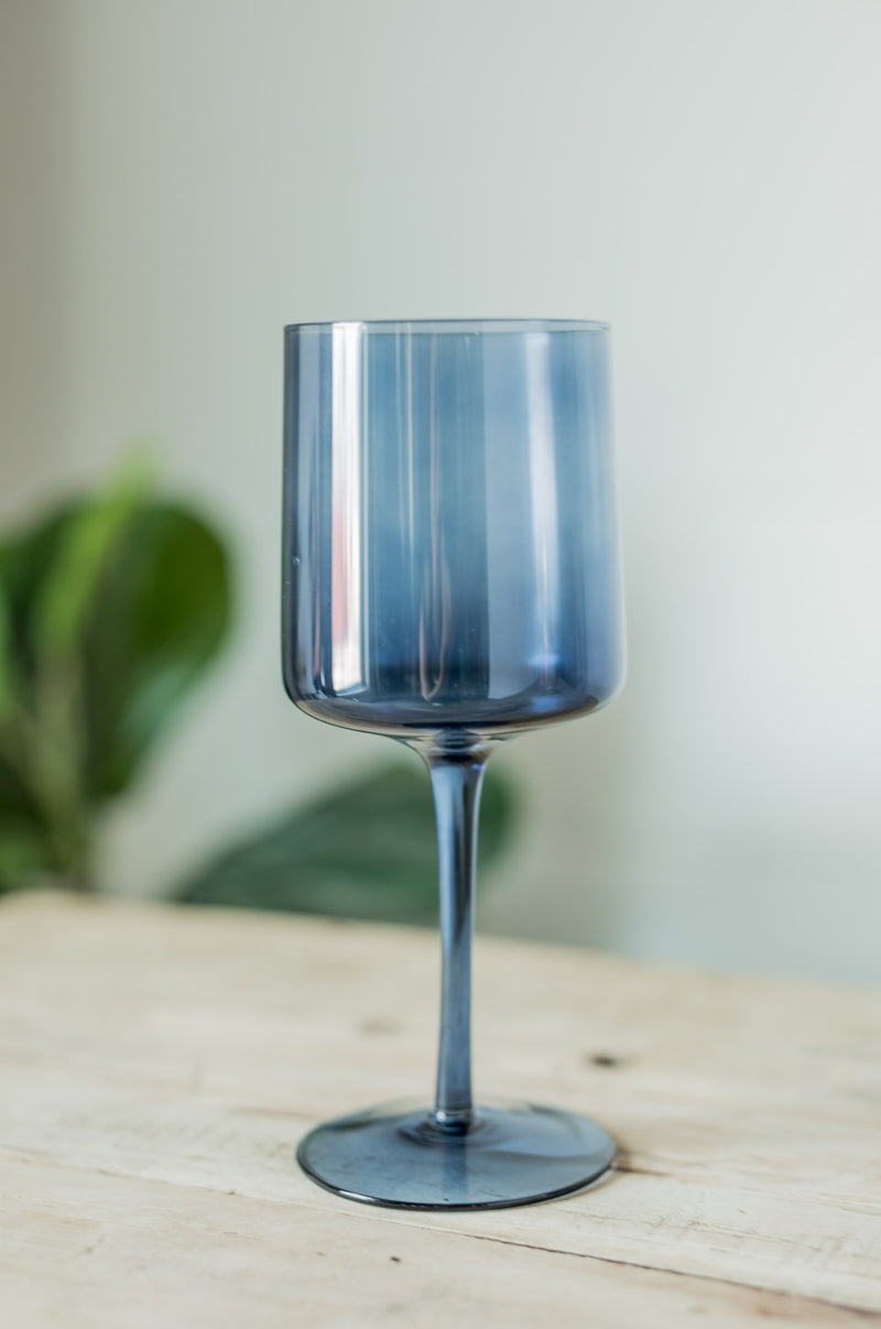 Bryce Cerulean Blue Clear Square Stem Wine Goblets, Vintage Mid