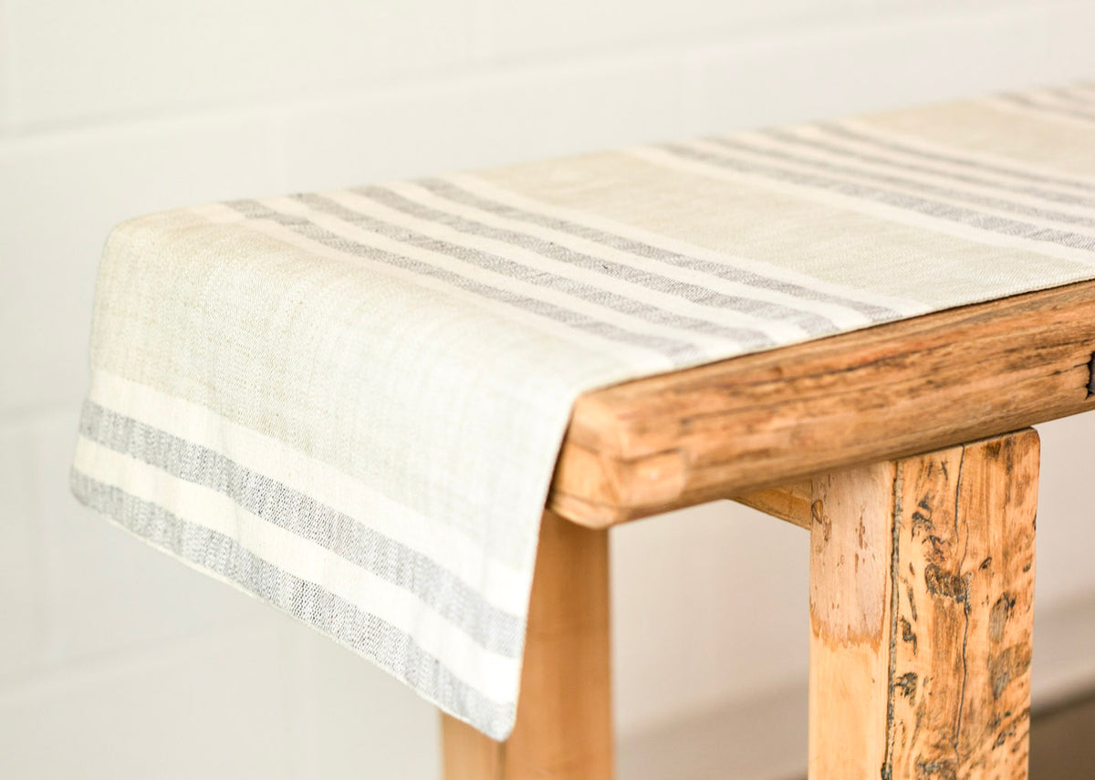 Woven Grey & Cream Striped Cotton Table Runner