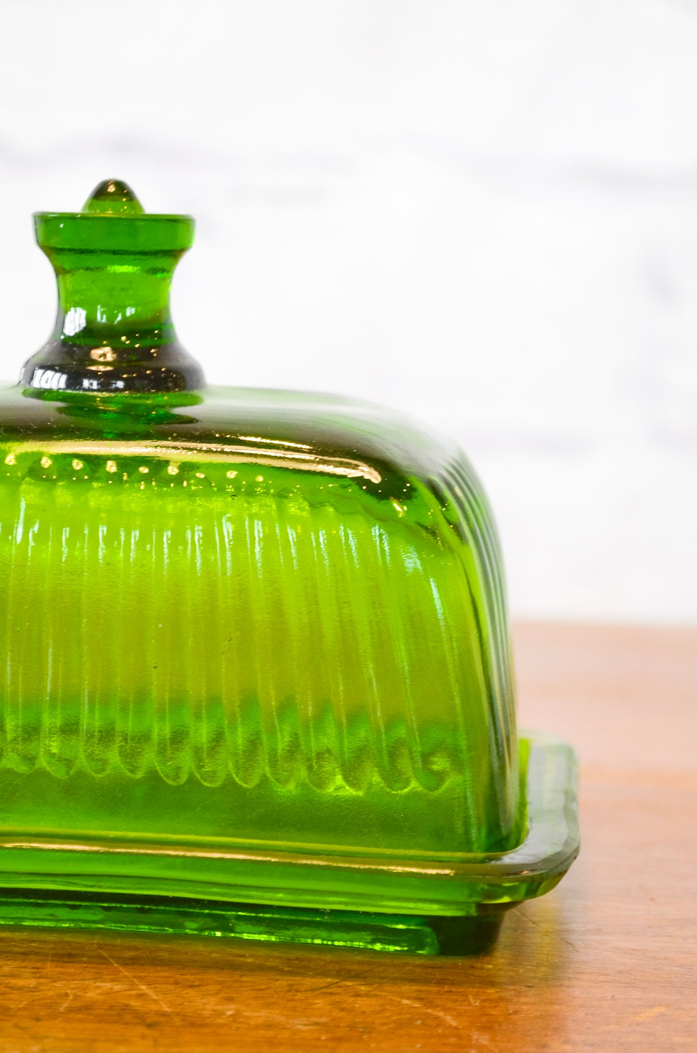 Emerald Ribbed Glass Butter Dish