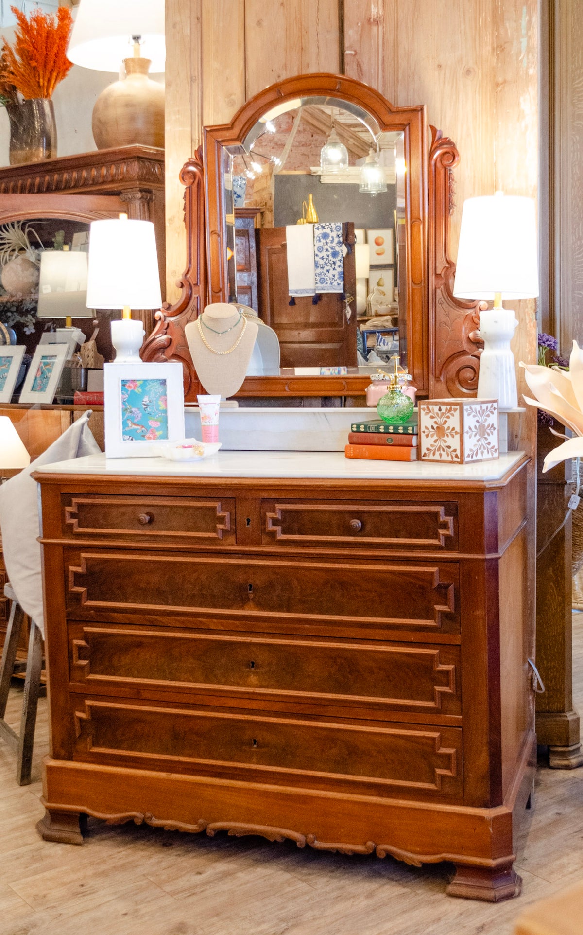 Marble Top Mirrored Mahogany Dressing Chest