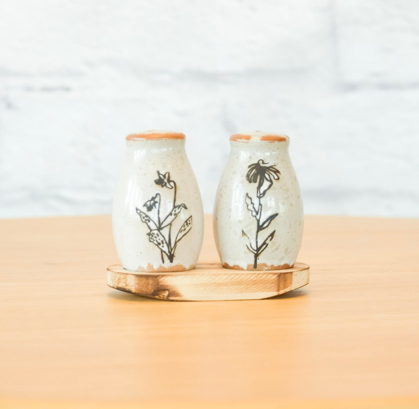 Floral Stoneware Salt & Pepper Shakers w/ Tray