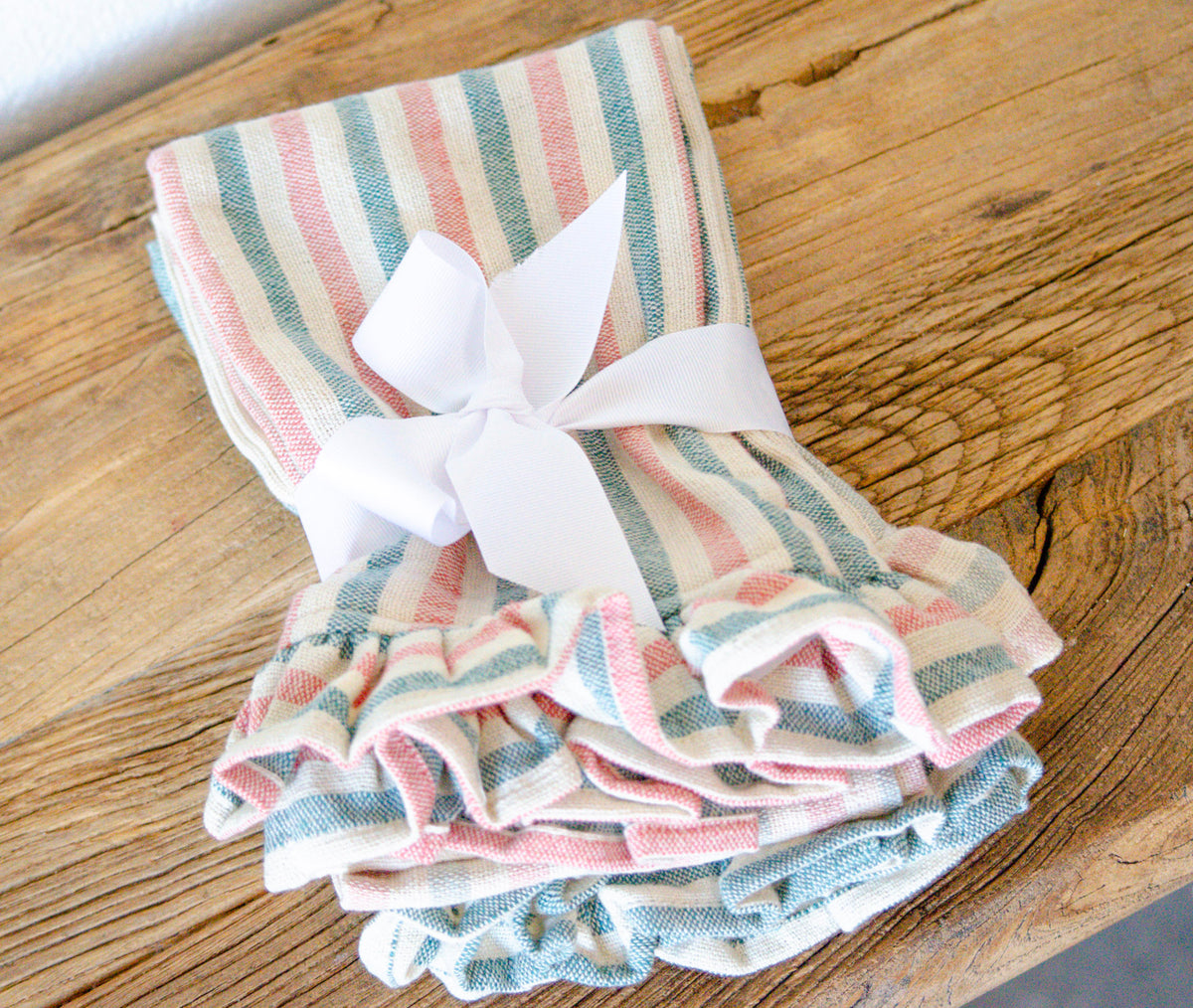 Multicolor Pastel Striped Ruffle Tea Towel Set