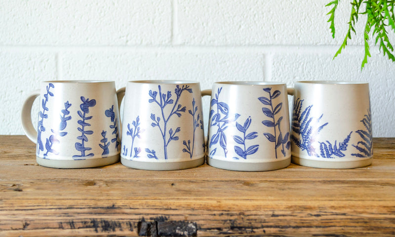 Blue Floral Stamped Stoneware Mug