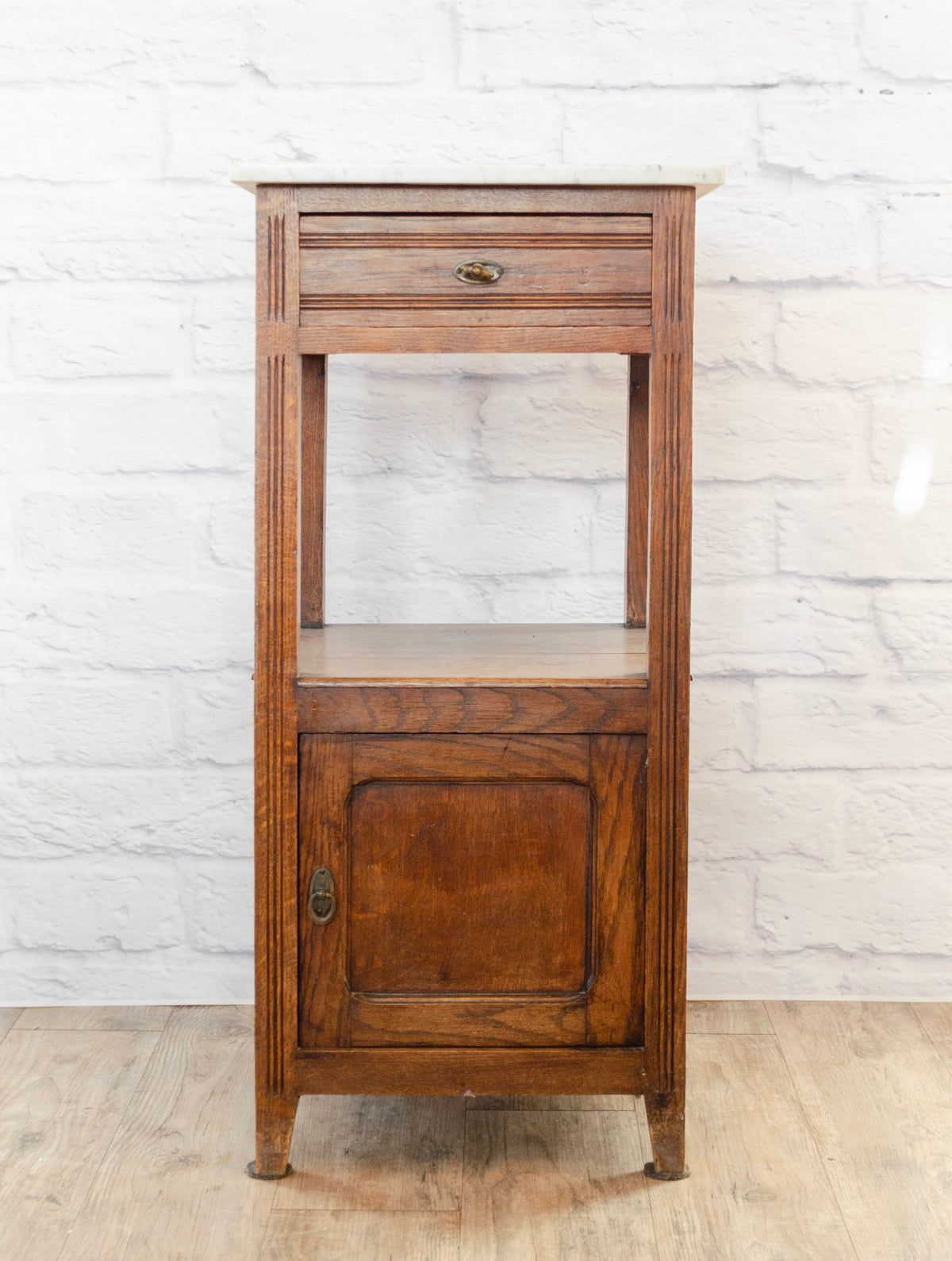 Henri IV Style White Marble Top Oak Side Cabinet