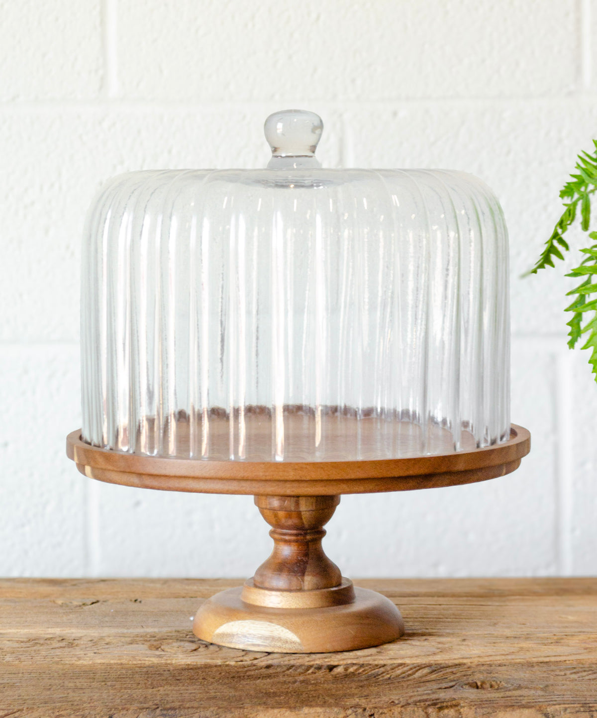 Vintage Inspired Fluted Glass & Acacia Cake Stand