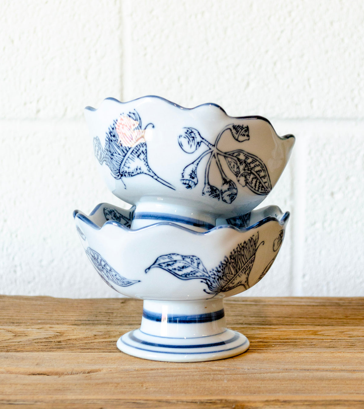 Blue Stoneware Footed Bowl w/ Scalloped Edge