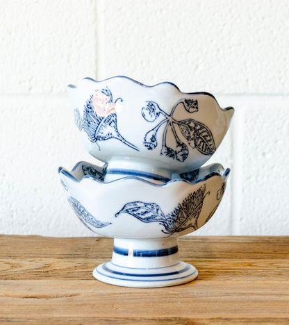 Blue Stoneware Footed Bowl w/ Scalloped Edge