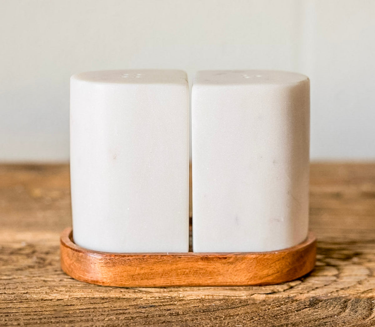 Marble Salt & Pepper Shakers on Acacia Tray