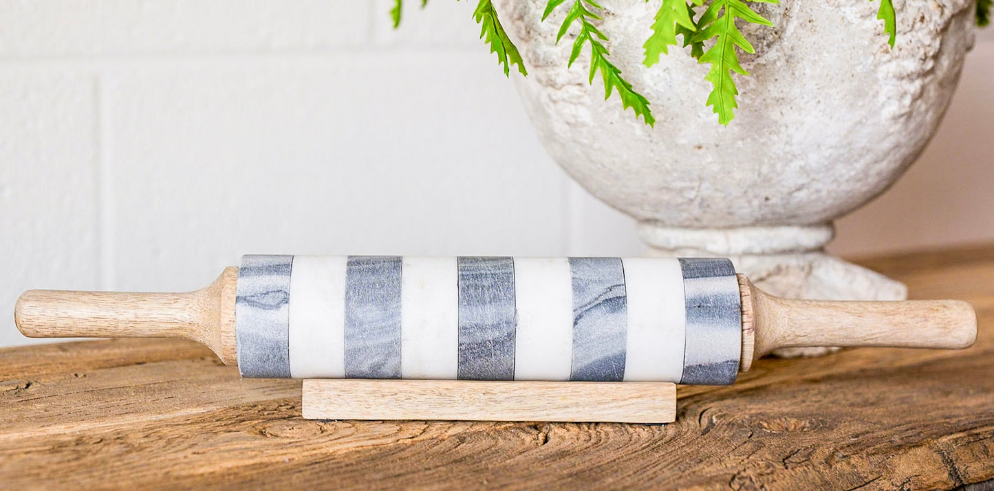 Striped Marble Rolling Pin w/ Mango Wood Stand
