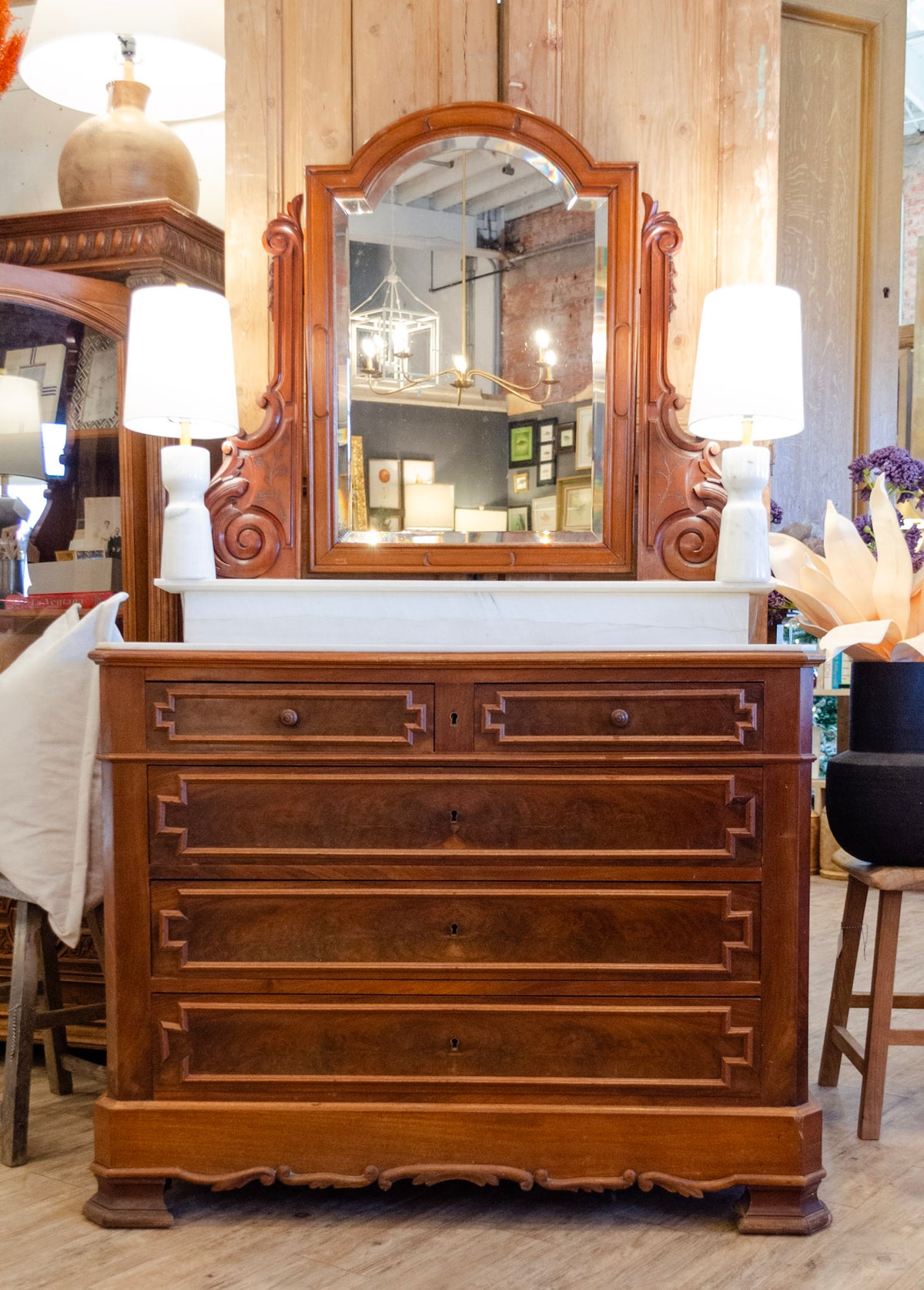 Marble Top Mirrored Mahogany Dressing Chest