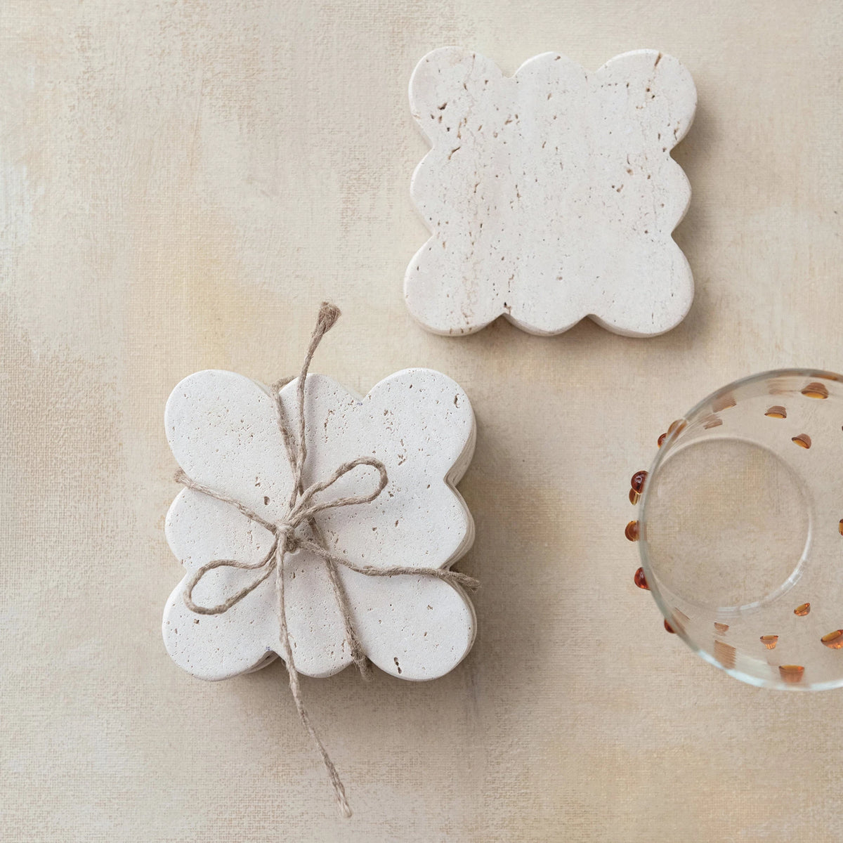 Set of 4 Scalloped Travertine Coasters