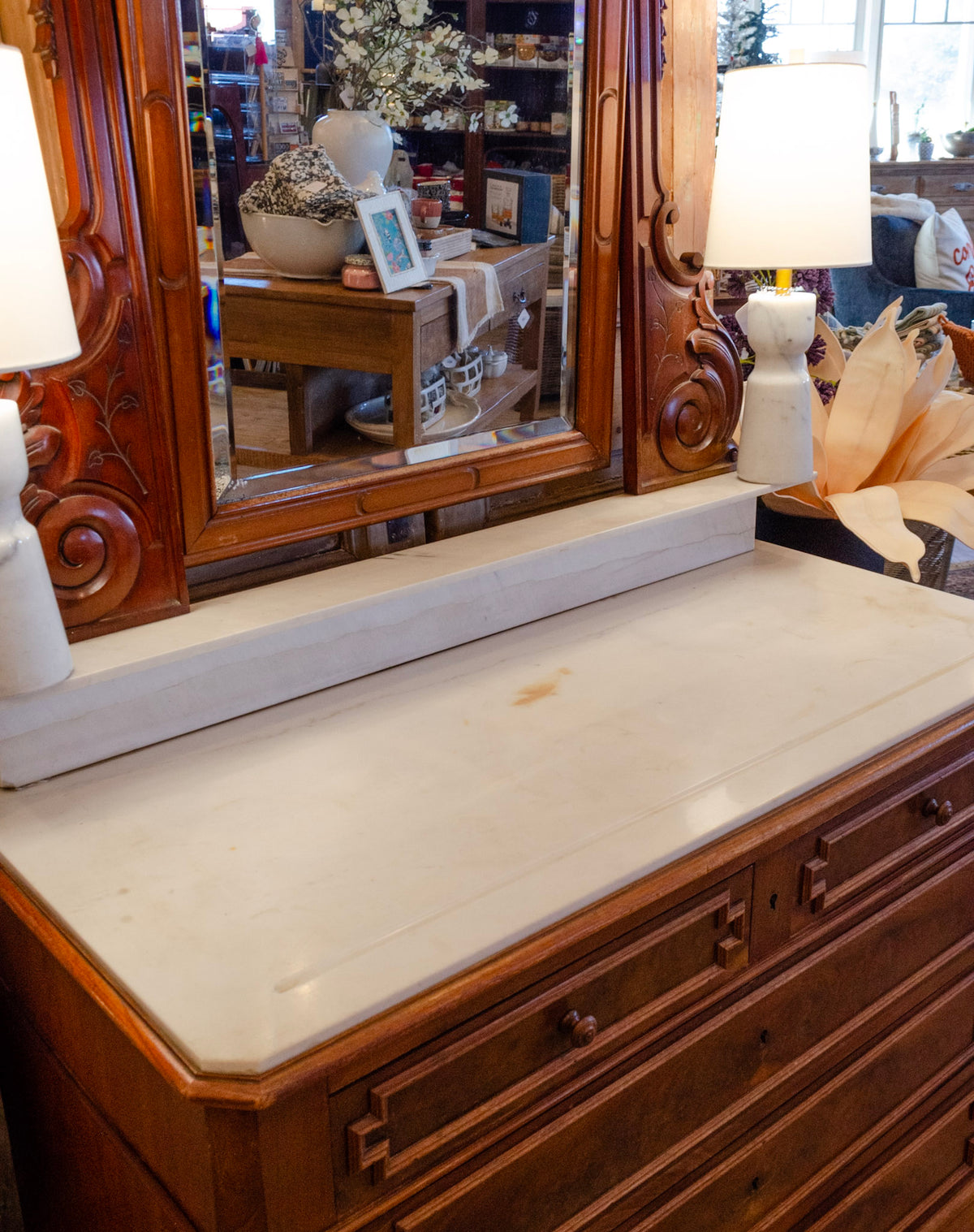 Marble Top Mirrored Mahogany Dressing Chest