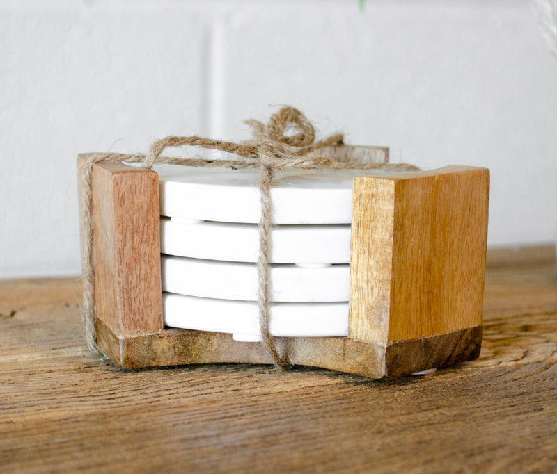 White Marble Coasters w/ Mango Wood Holder