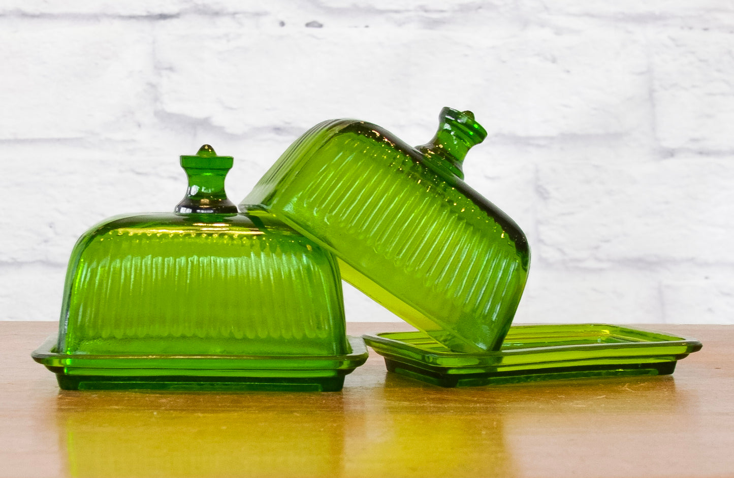 Emerald Ribbed Glass Butter Dish