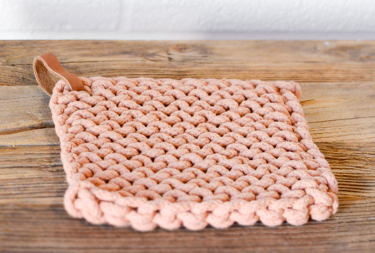 Crocheted Pot Holder w/ Leather Tie