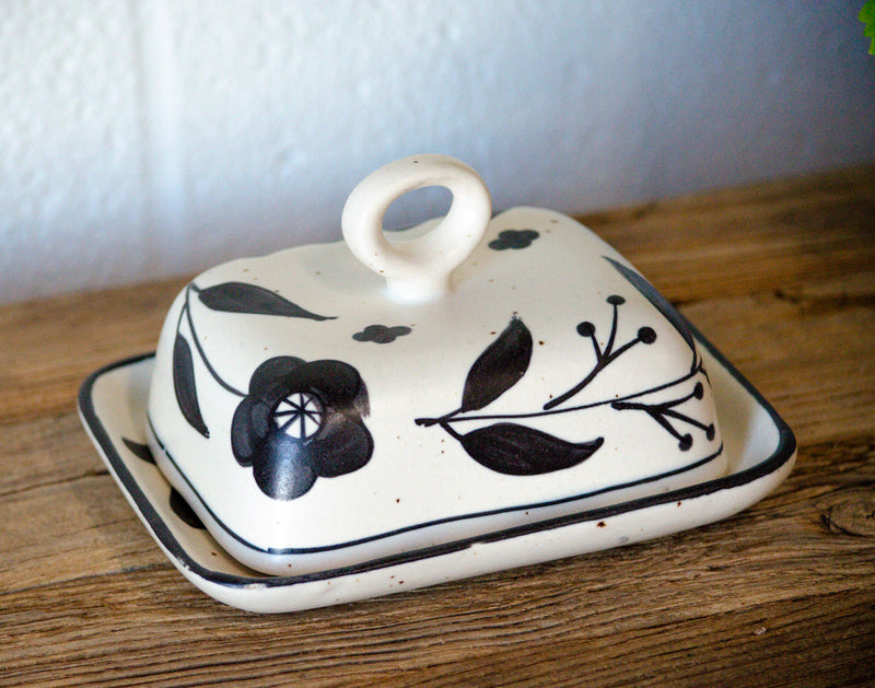 Hand-Painted Neutral Floral Stoneware Butter Dish