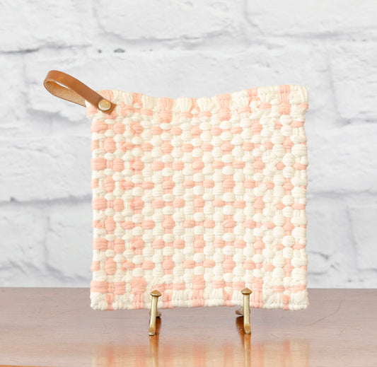 Checkered Crocheted Pot Holder w/ Leather Tie