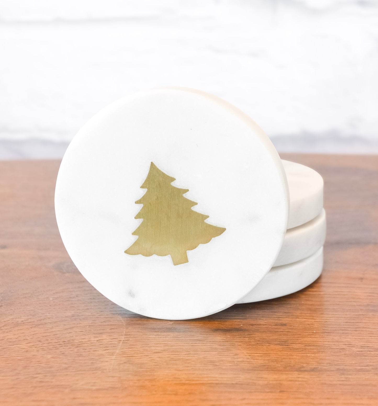 Set of 4 Holiday Brass Tree Marble Coasters