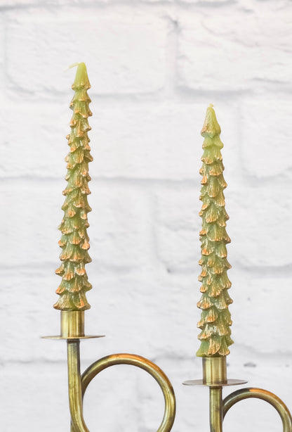 Set of 2 Festive Evergreen Candles w/ Gold Tips