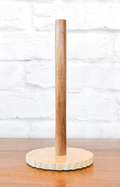 Scalloped Travertine & Acacia Paper Towel Holder