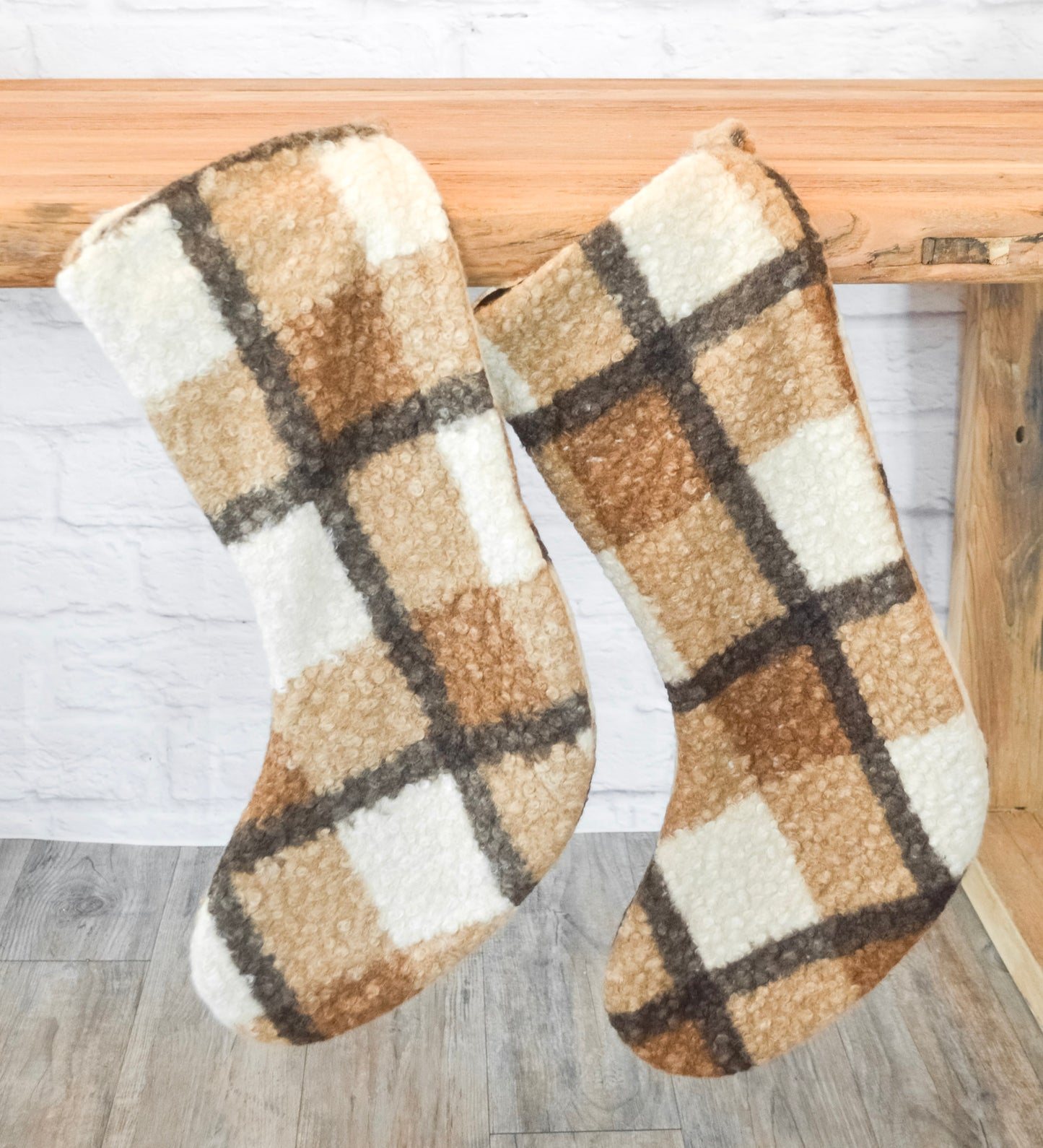 Natural Plaid Faux Sherpa Stocking