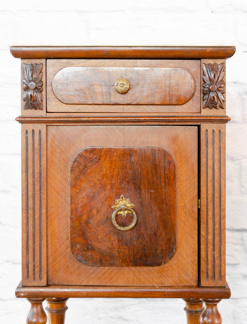 Henri II Style Marble Top Oak Side Cabinet