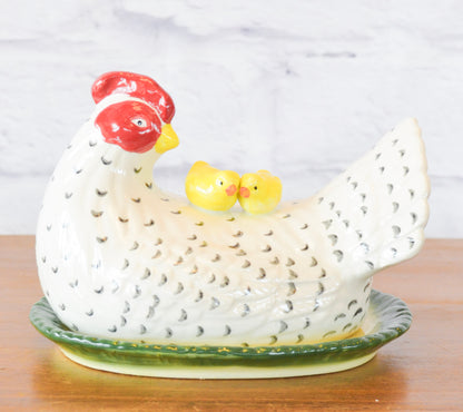 Hand-Painted Hen Stoneware Butter Dish
