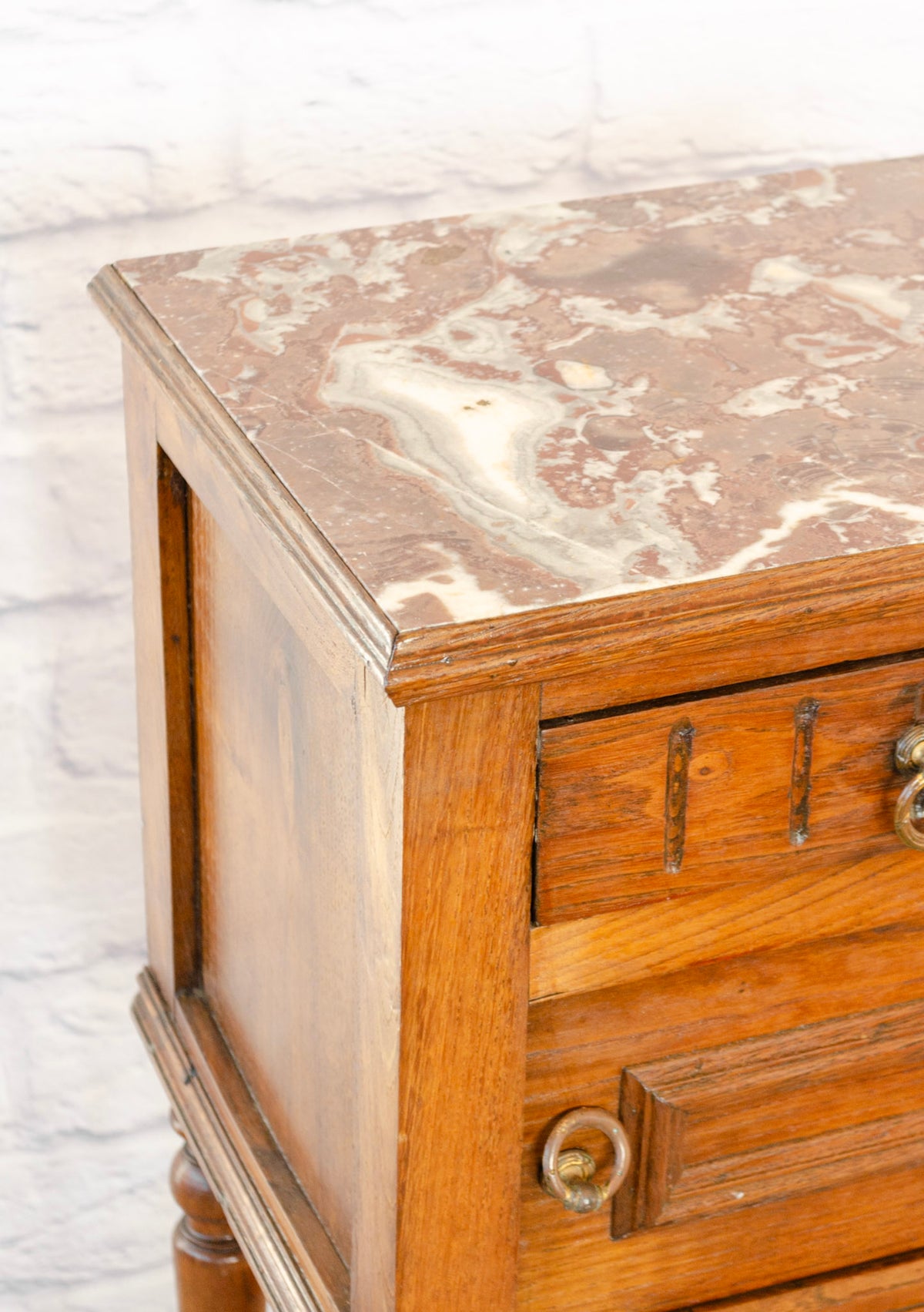 Henri II Style Marble Top Oak Side Cabinet