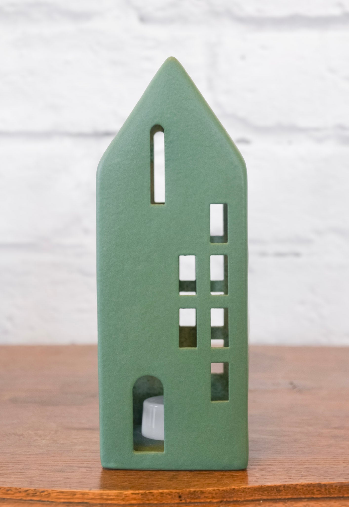 Olive Green Ceramic House w/ Lights