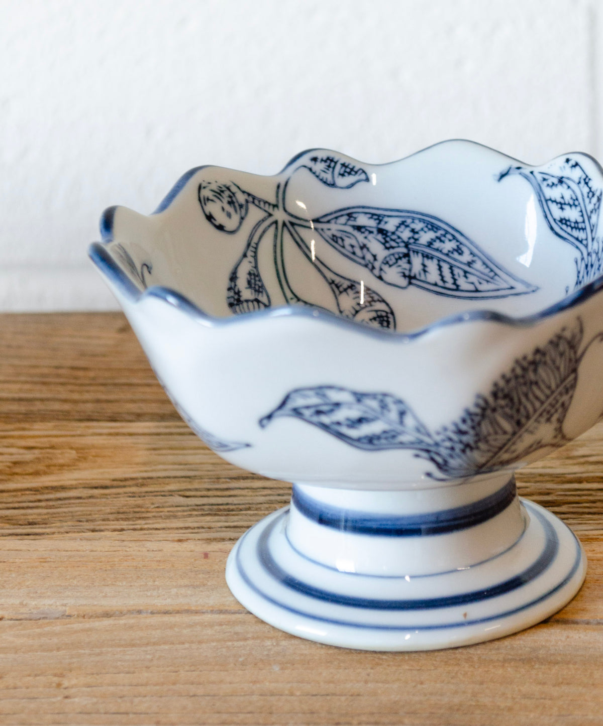 Blue Stoneware Footed Bowl w/ Scalloped Edge