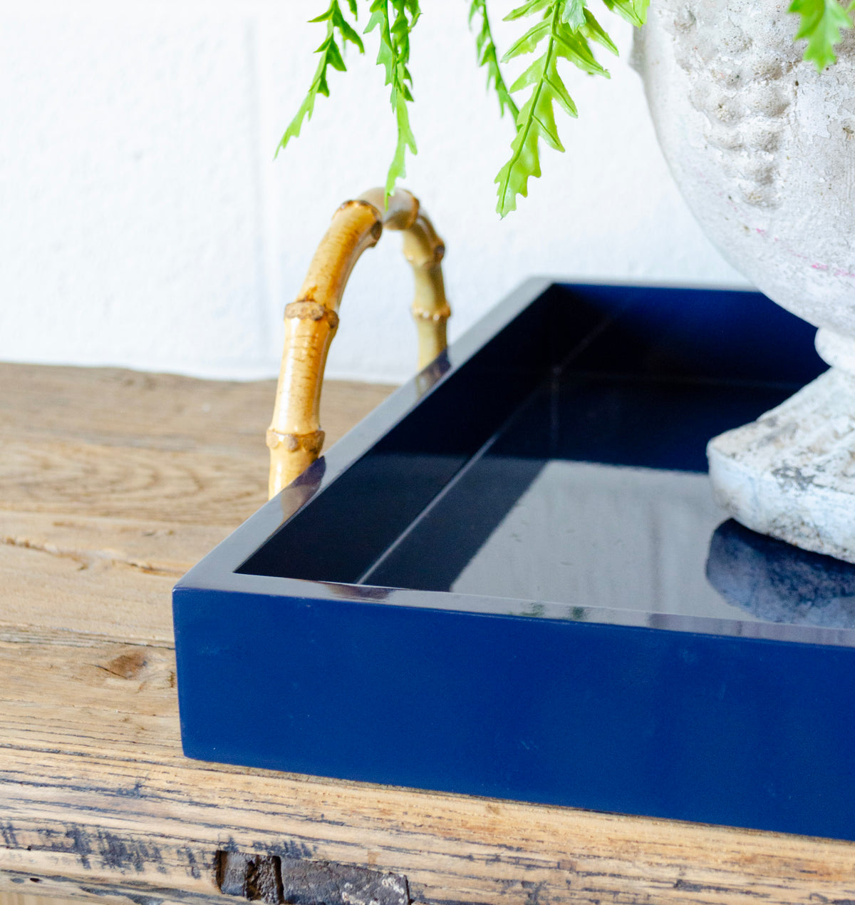 Lacquered Navy Tray w/ Bamboo Handles