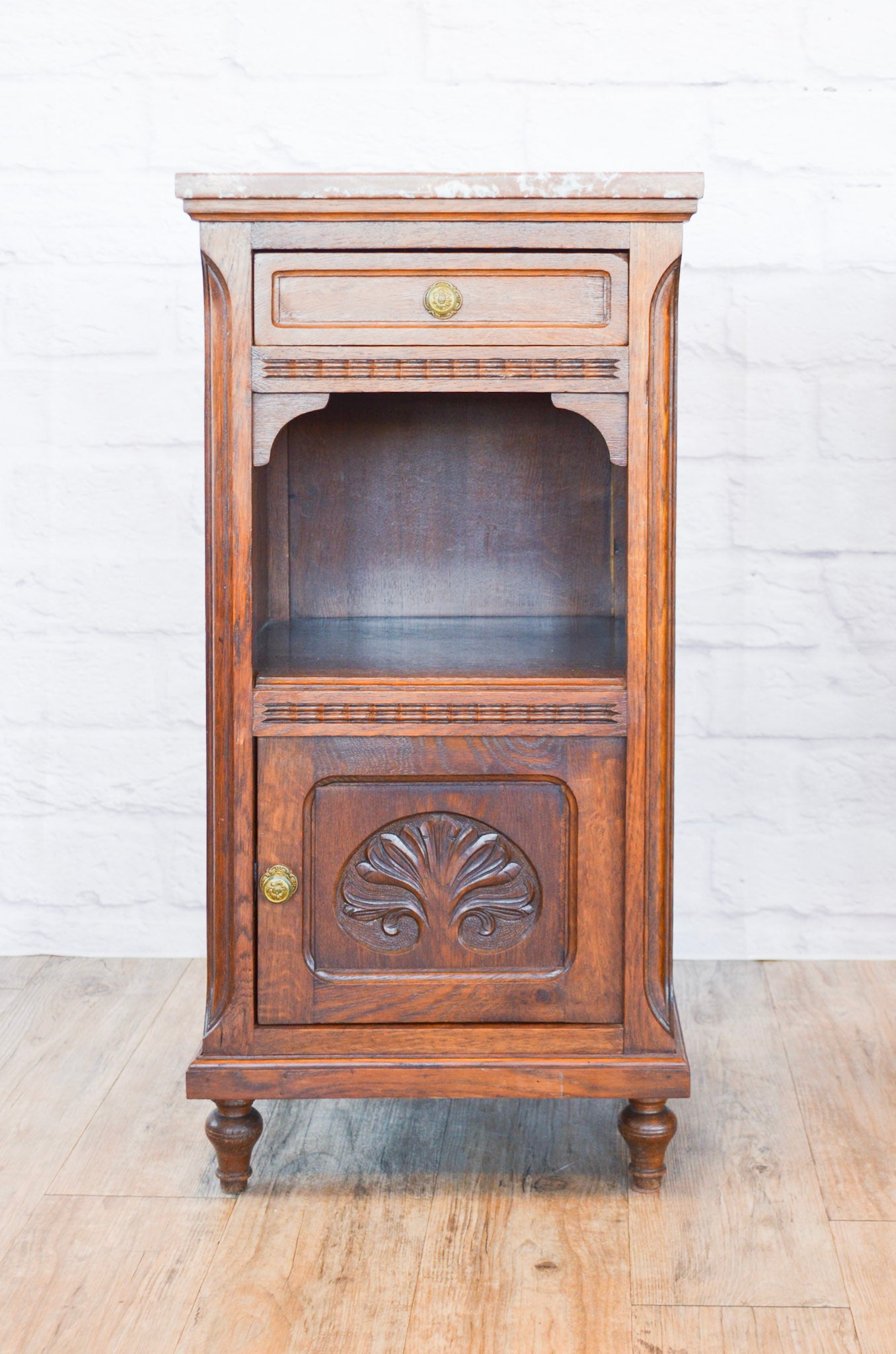 Louis XV Style Marble Top Oak Side Cabinet