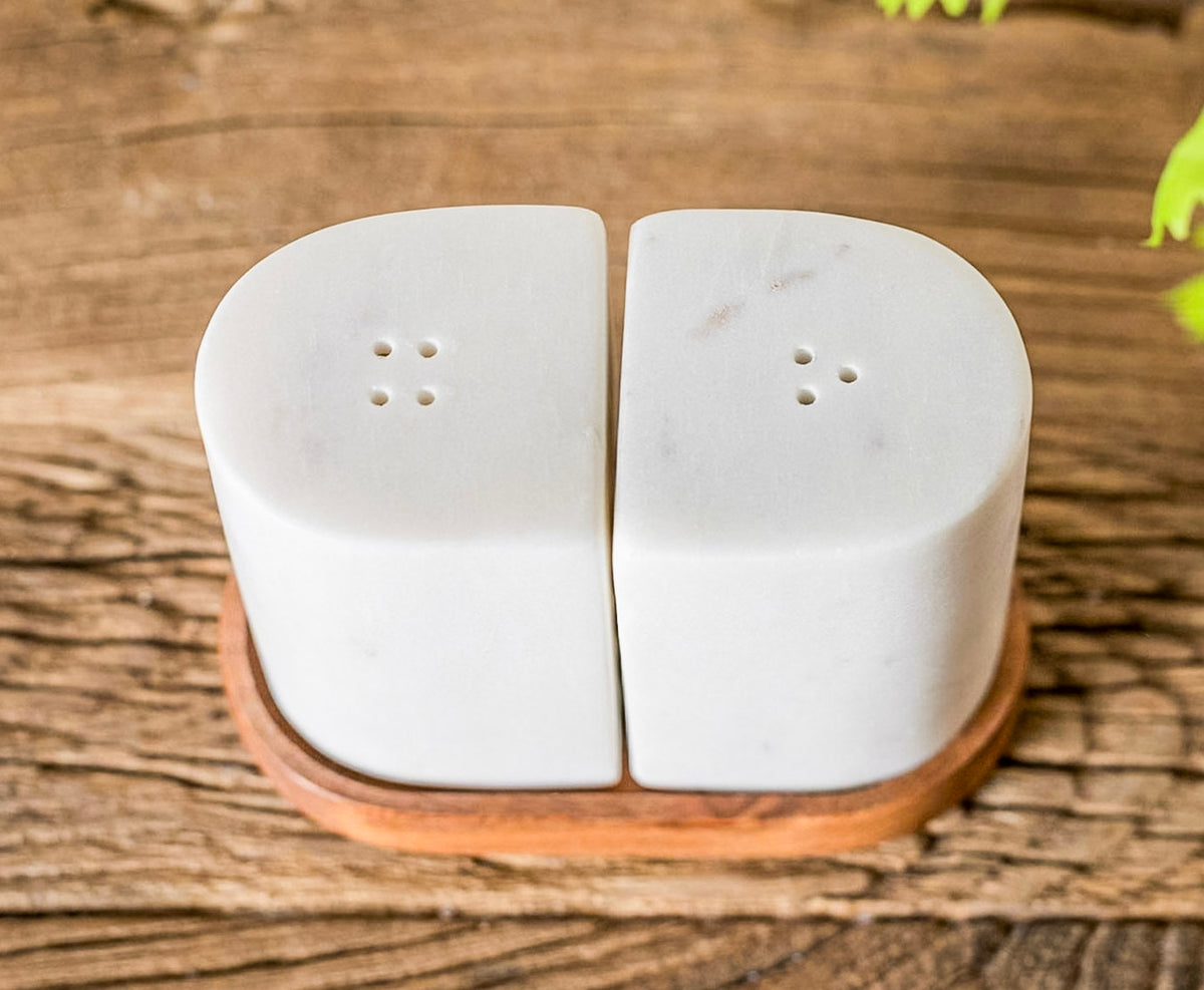 Marble Salt & Pepper Shakers on Acacia Tray