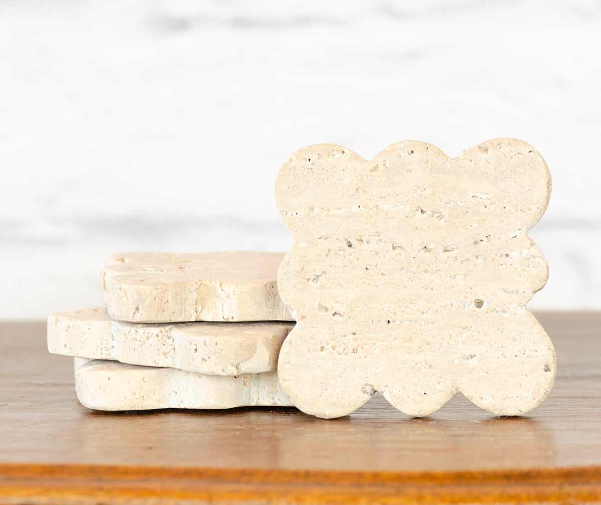 Set of 4 Scalloped Travertine Coasters