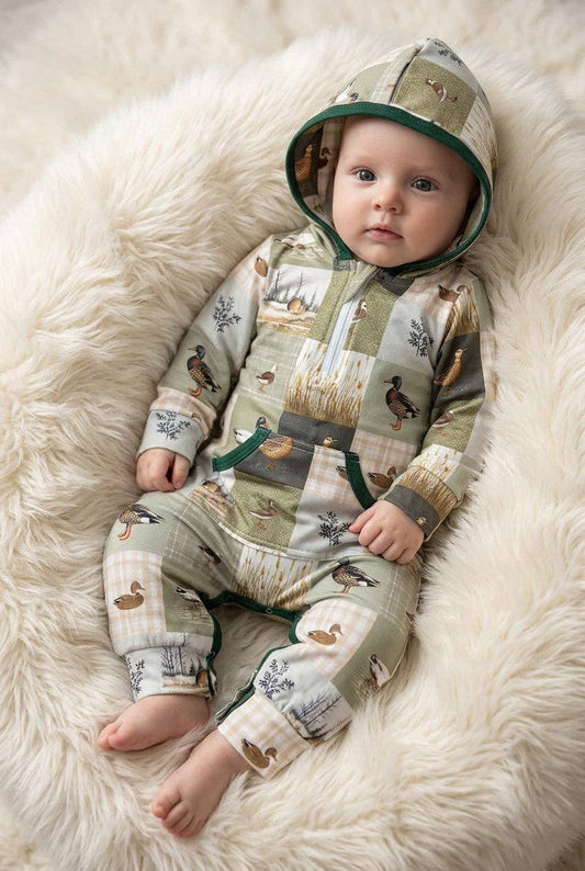 Duck patch work baby romper with hoodie. LR0425-15-SOL