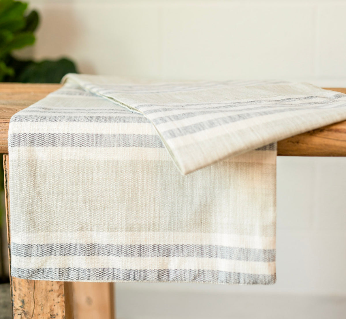 Woven Grey & Cream Striped Cotton Table Runner