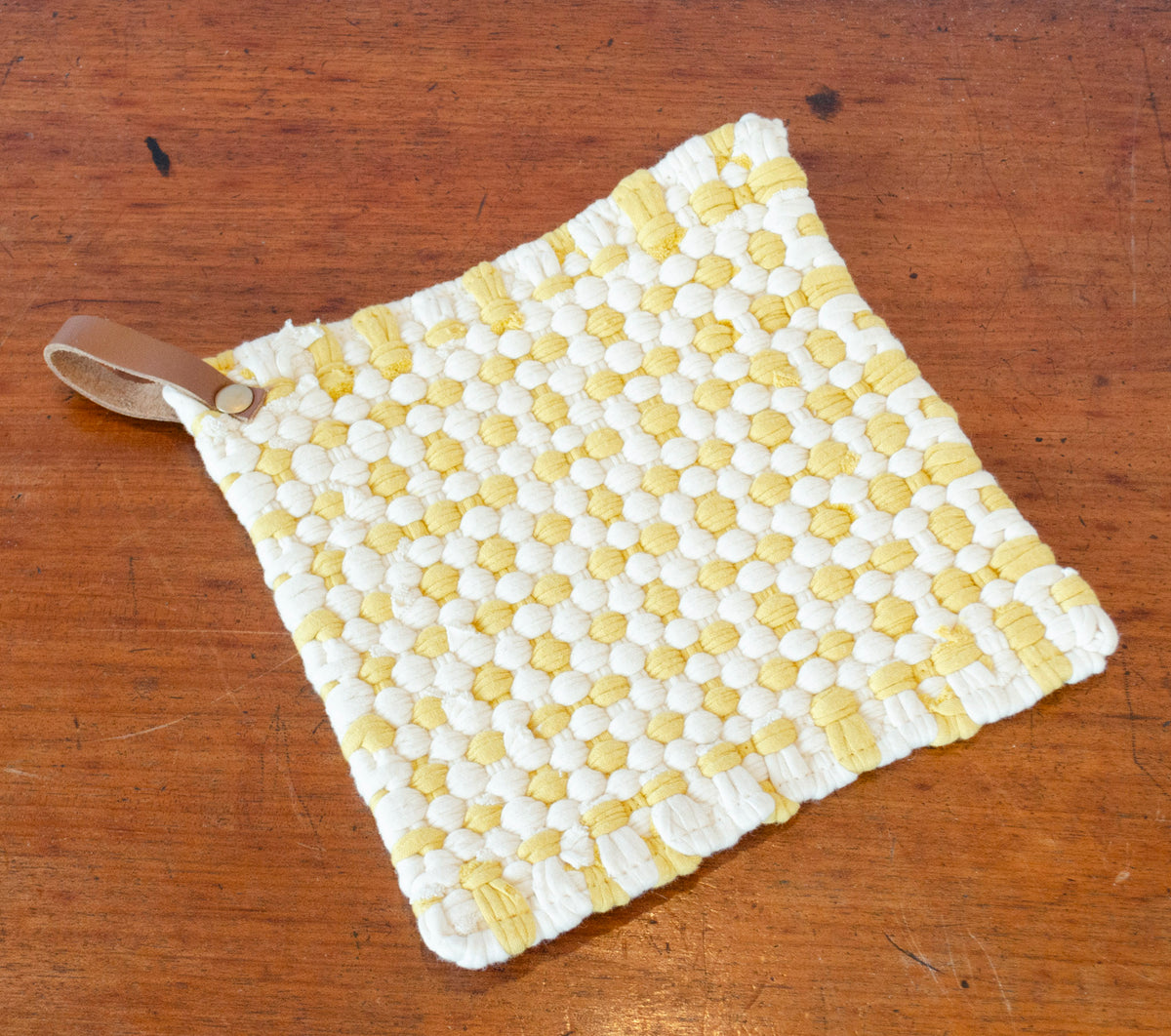 Checkered Crocheted Pot Holder w/ Leather Tie