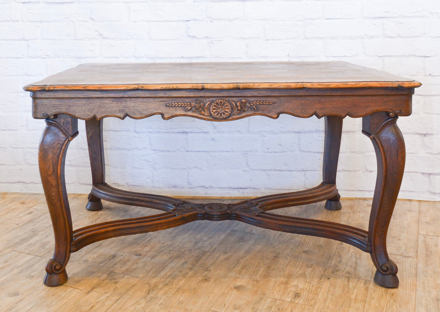 Louis XV Style Parquetry Top Hoof Foot Oak Table