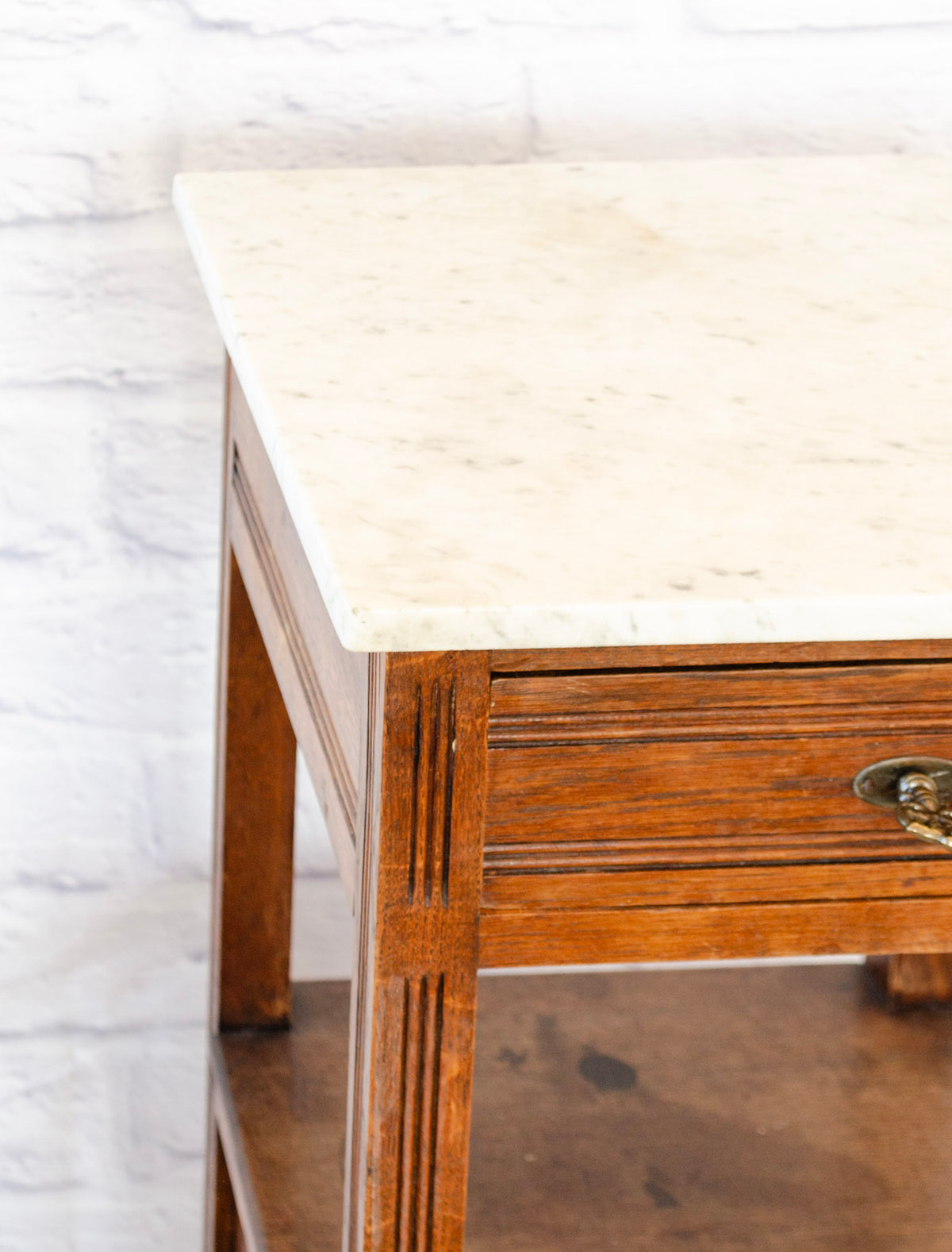 Henri IV Style White Marble Top Oak Side Cabinet