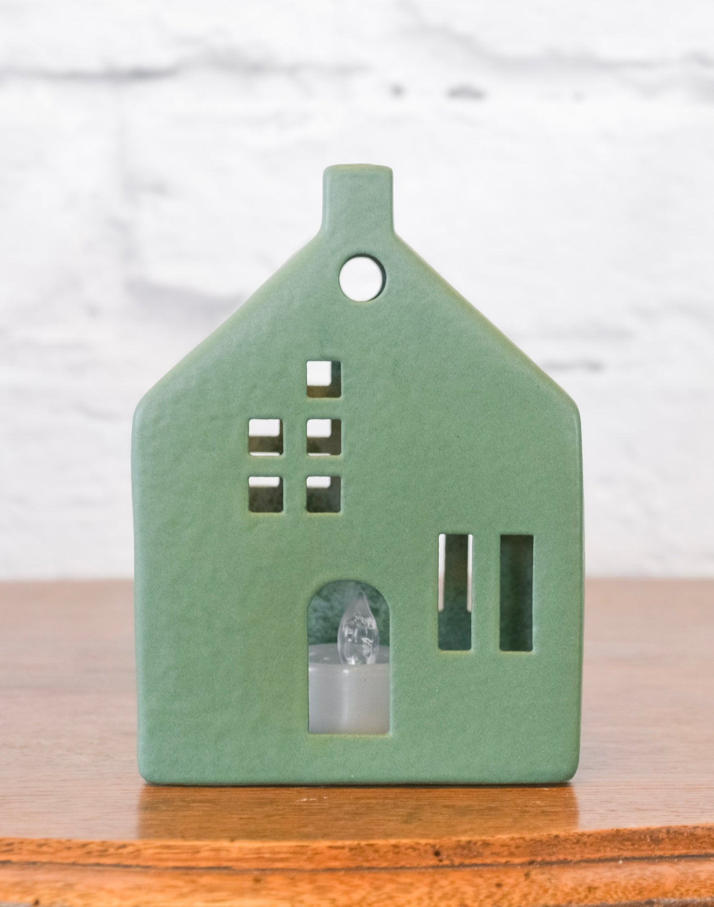 Olive Green Ceramic House w/ Lights