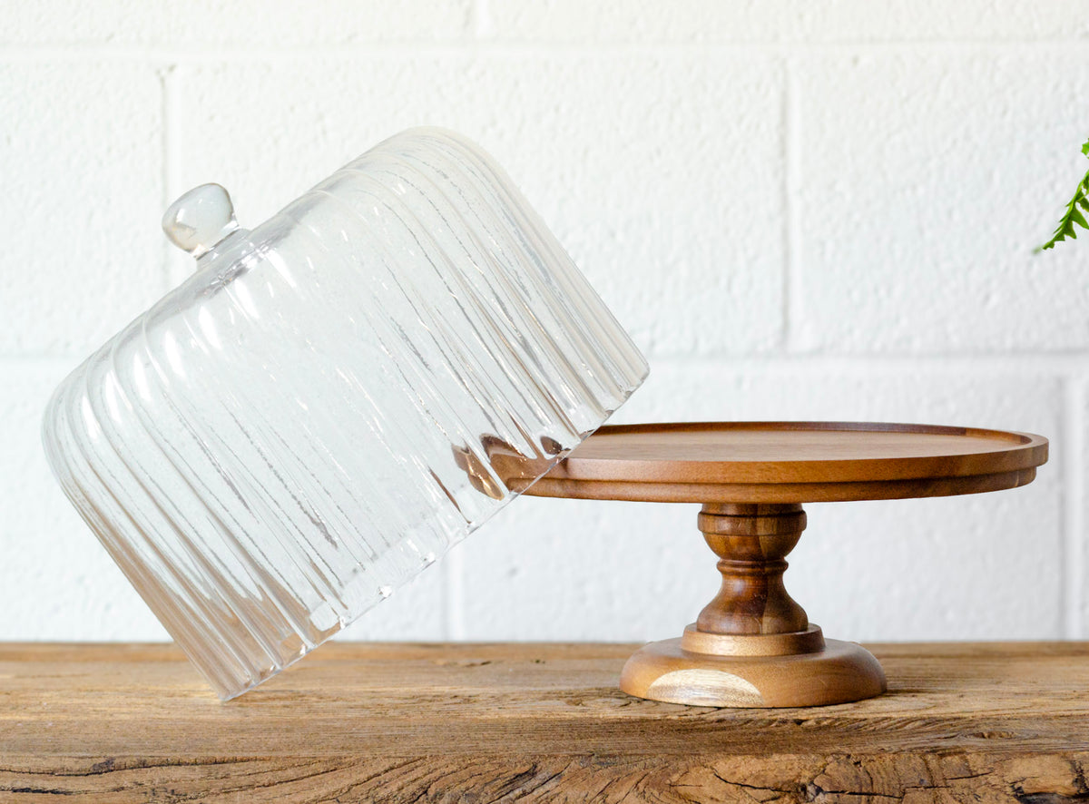 Vintage Inspired Fluted Glass & Acacia Cake Stand