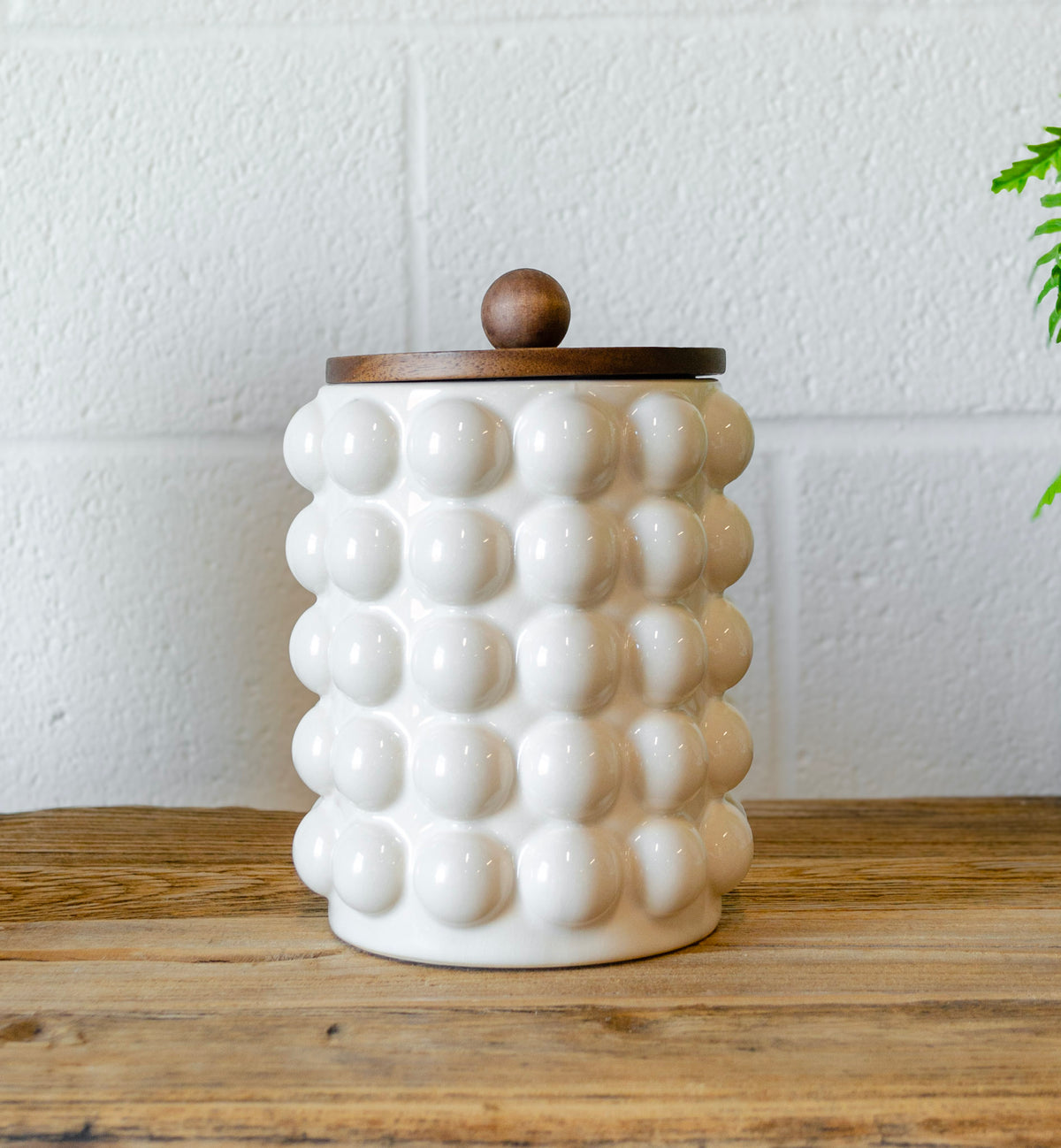 Lidded Neutral Stoneware Hobnail Canister