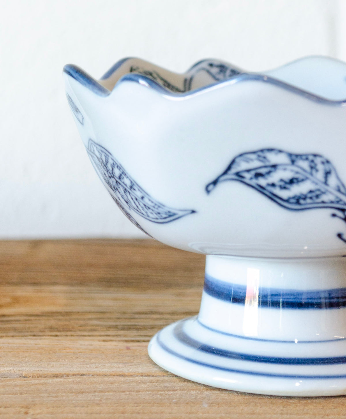 Blue Stoneware Footed Bowl w/ Scalloped Edge