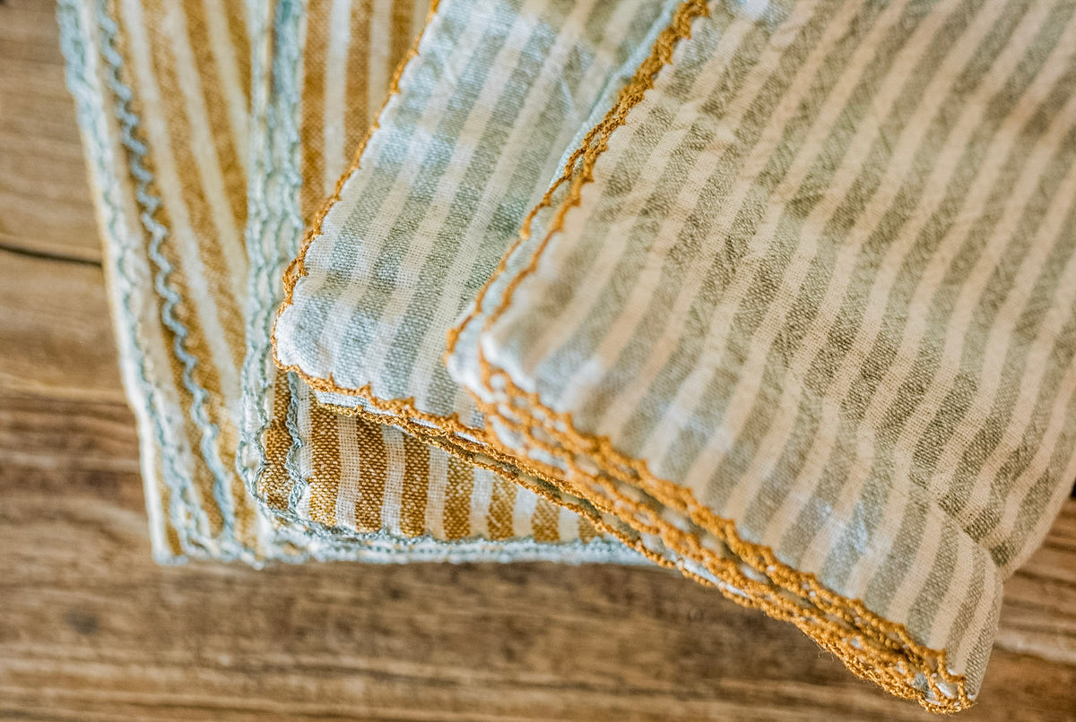 Set of 4 Blue & Orange Striped Cotton Napkins